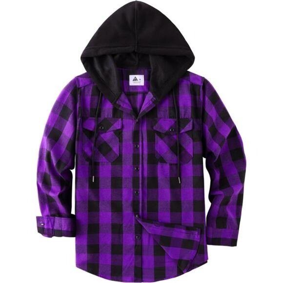 ZITY Men's Flannel Hoodie Shirts Casual Button Down Plaid Shirt Jackets for Men - Picture 3 of 7